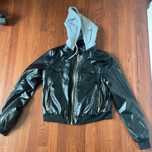 Leather jacket with a sweatshirt hood